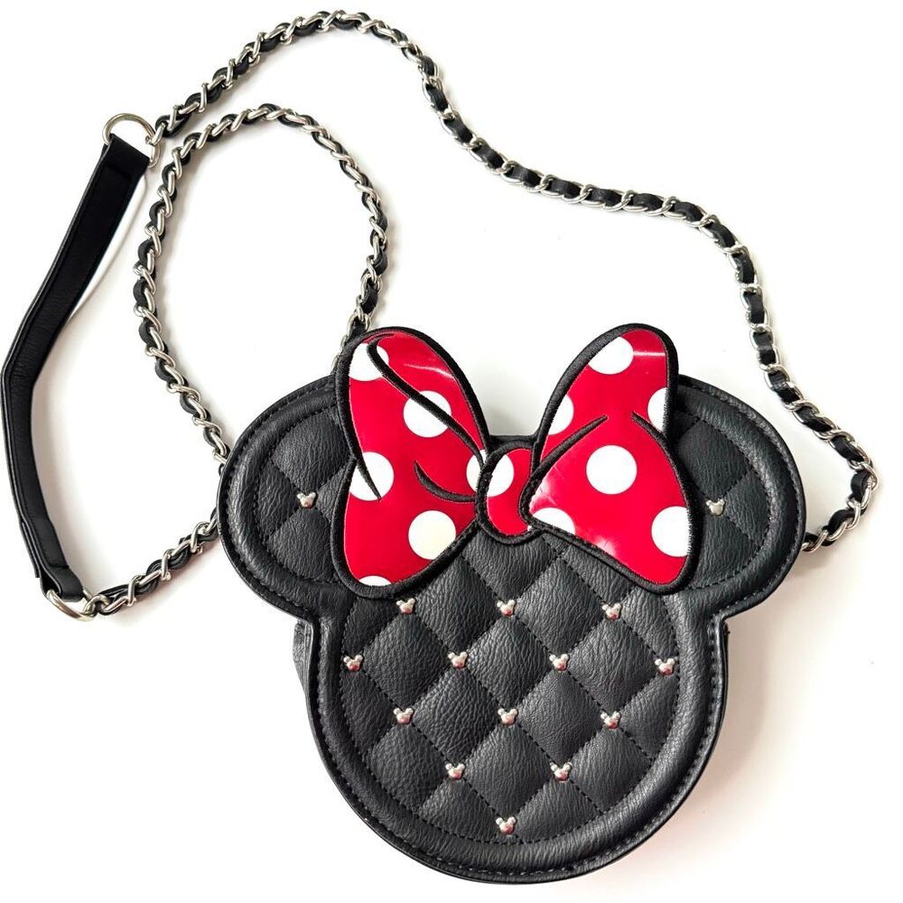 Disney Loungefly Minnie Mouse Ear Crossbody Bag Black Quilted Bow Chain Strap